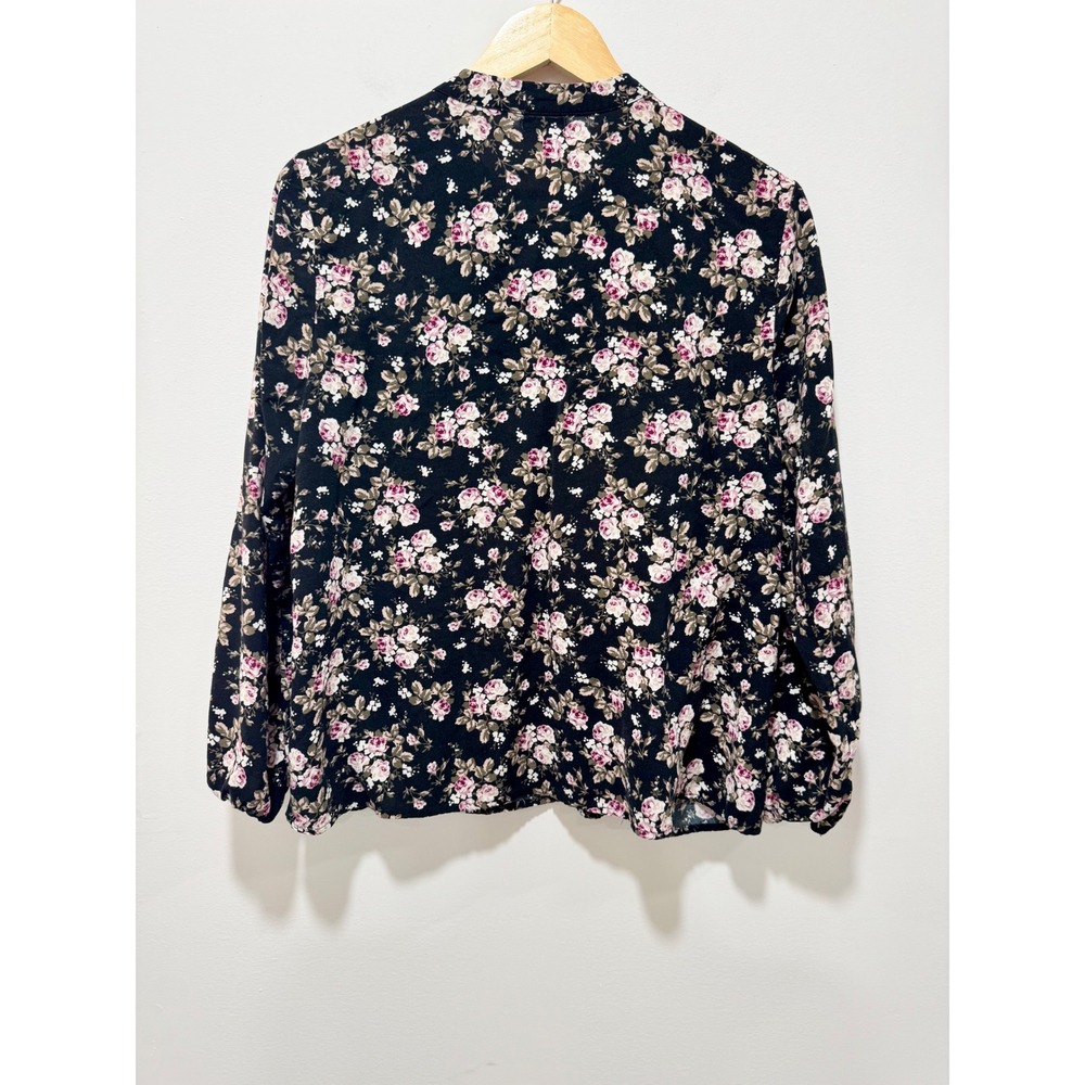 Love Fire Black Floral Lace Trim Tie Neck Blouse XL Pink Rose Long Sleeve Top - Picture 2 of 7